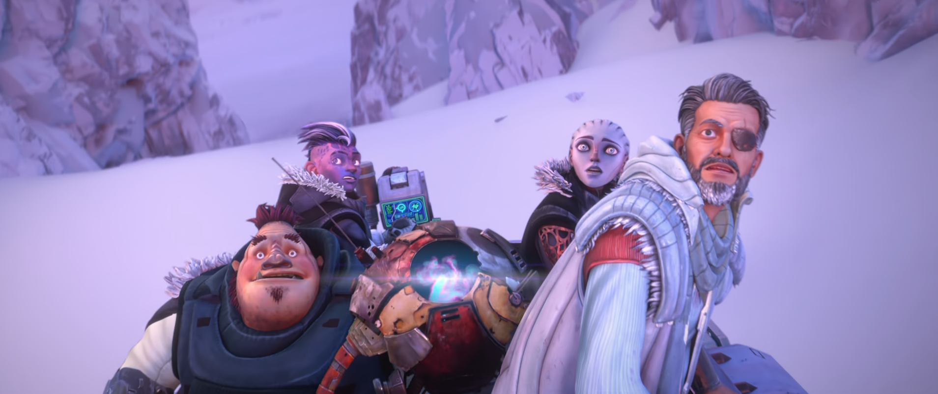 Dal, Gwyn, Jankom, Zero, and Okana looking frightened on a snowy planet