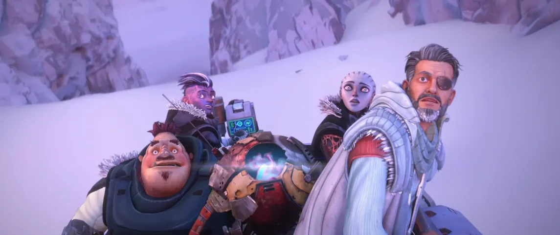 Dal, Gwyn, Jankom, Zero, and Okana looking frightened on a snowy planet