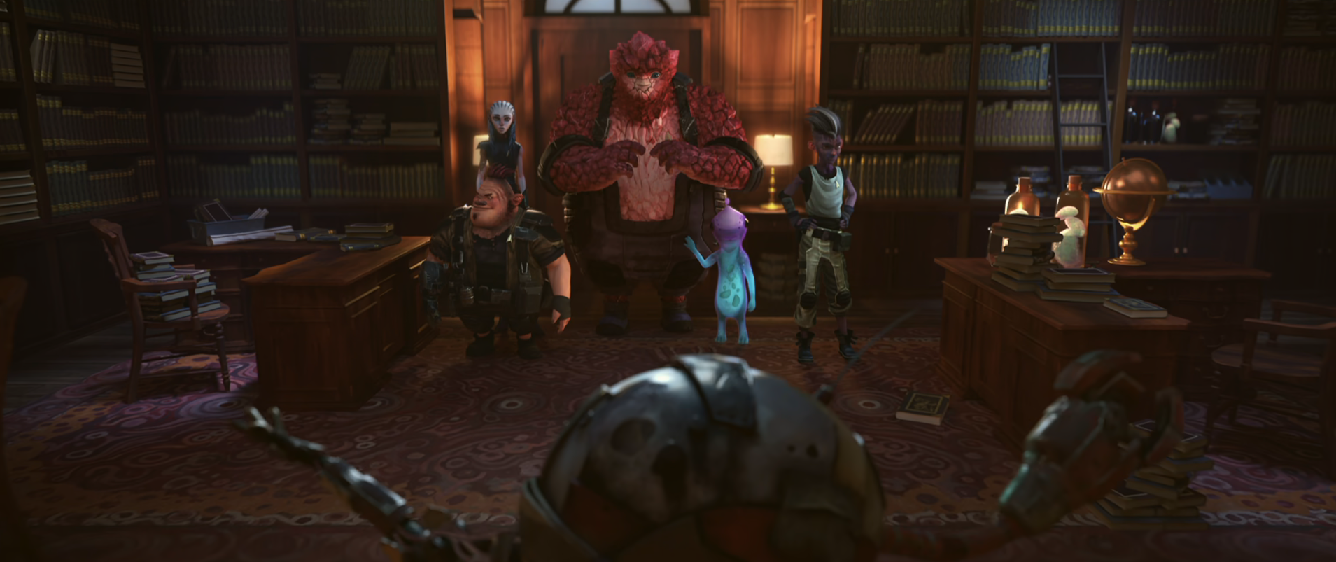 Dal, Gwyn, Rok, Murf, Jankom, and Zero in an old library
