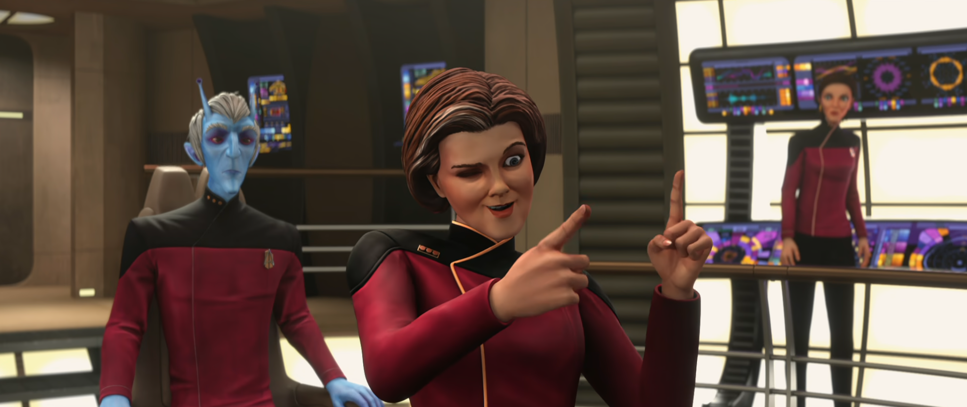 Admiral Janeway winking and making 'finger guns' on the bridge of the Dauntless