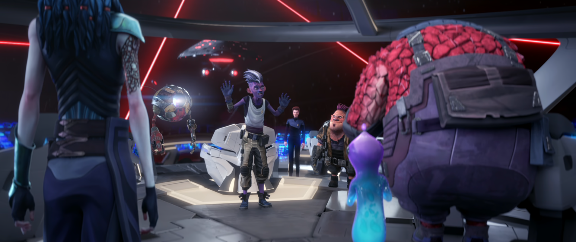 The crew of the Protostar talking on the bridge as phaser fire erupts outside