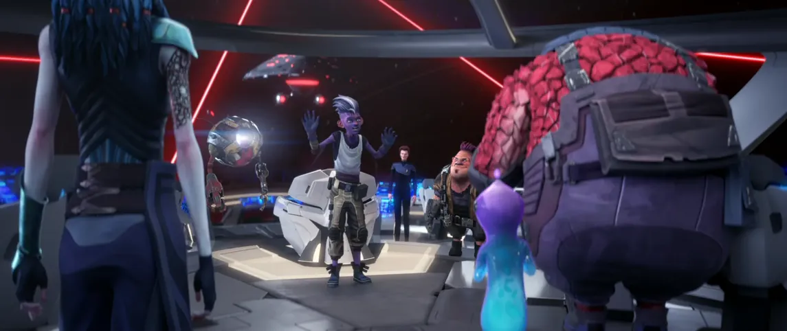 The crew of the Protostar talking on the bridge as phaser fire erupts outside