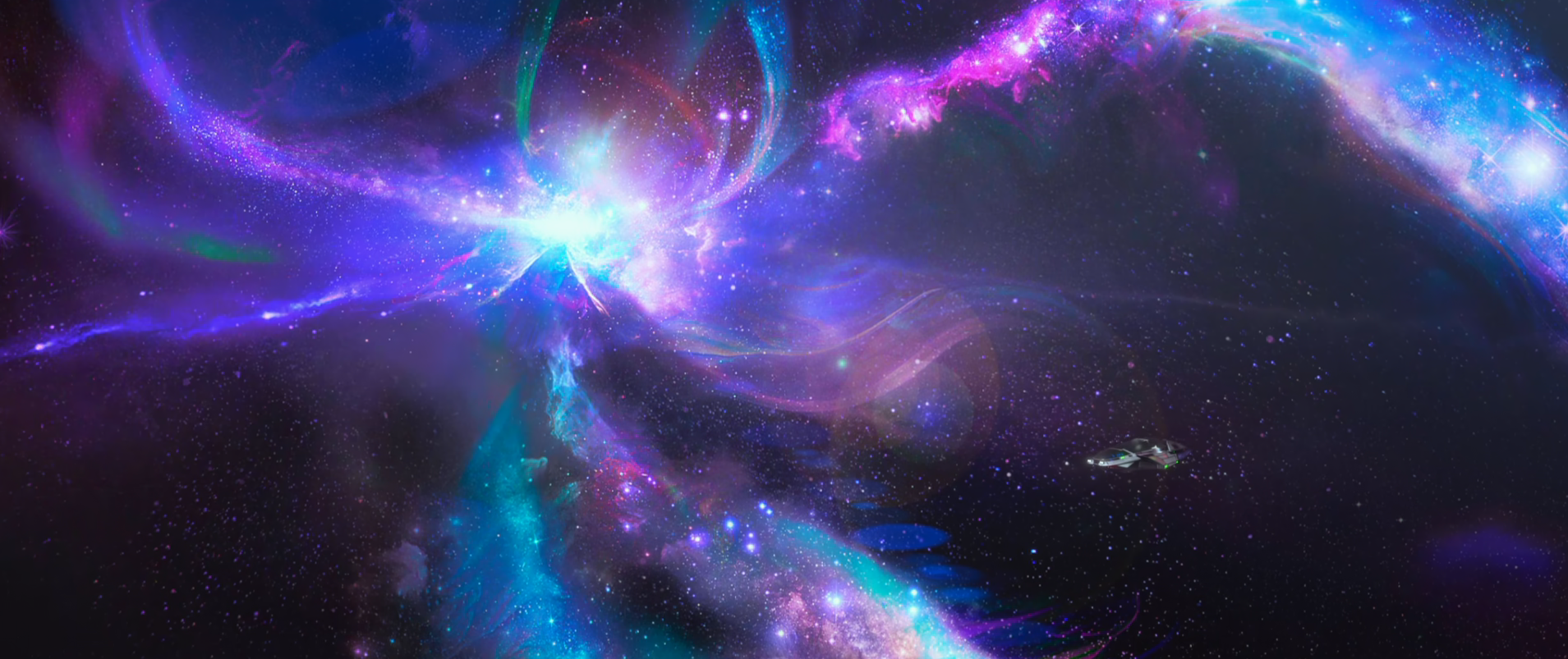 A brilliant nebula in space with colors of blue, purple, and pink