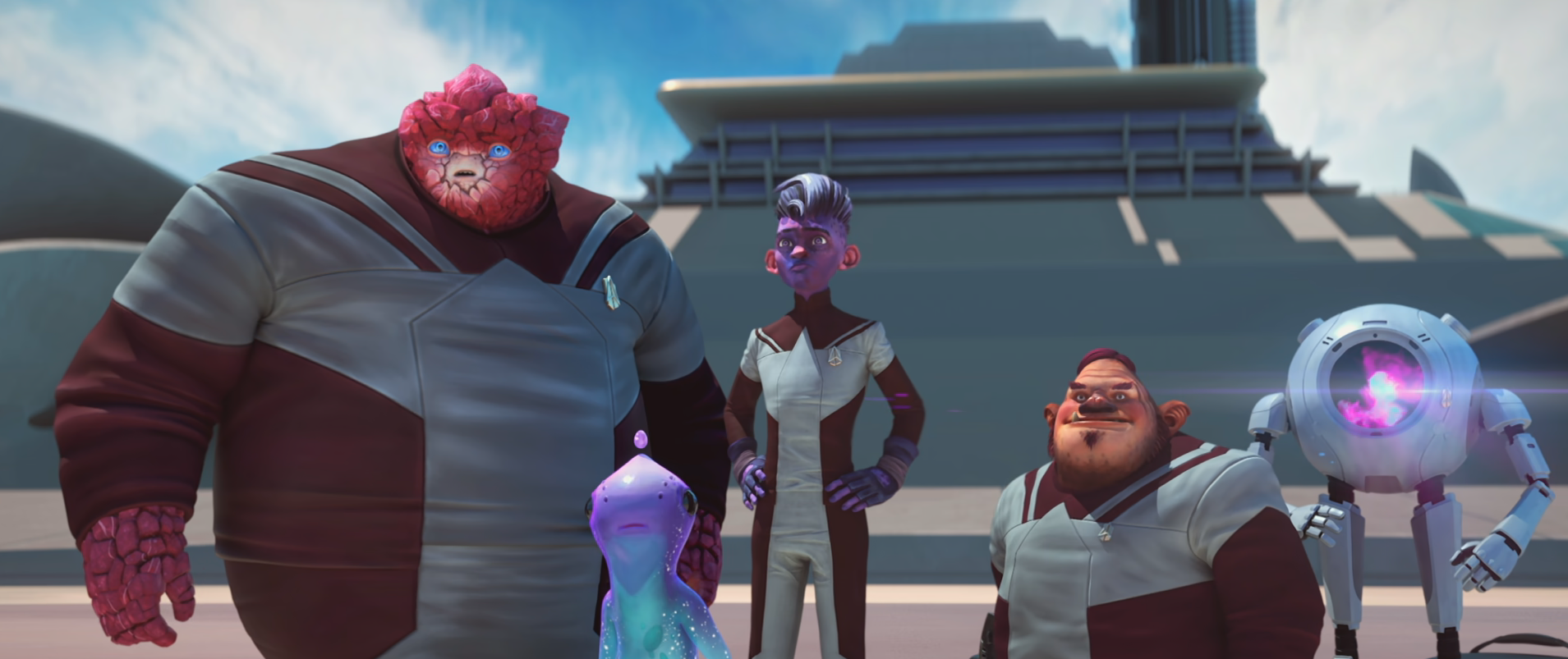 Rok, Murf, Dal, Jankom, and Zero at Starfleet academy wearing cadet uniforms
