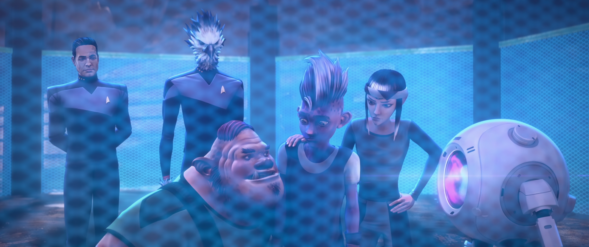 Chakotay, Adreek, Jankom, Dal, Maj'el, and Zero discussing their next move in a holding cell