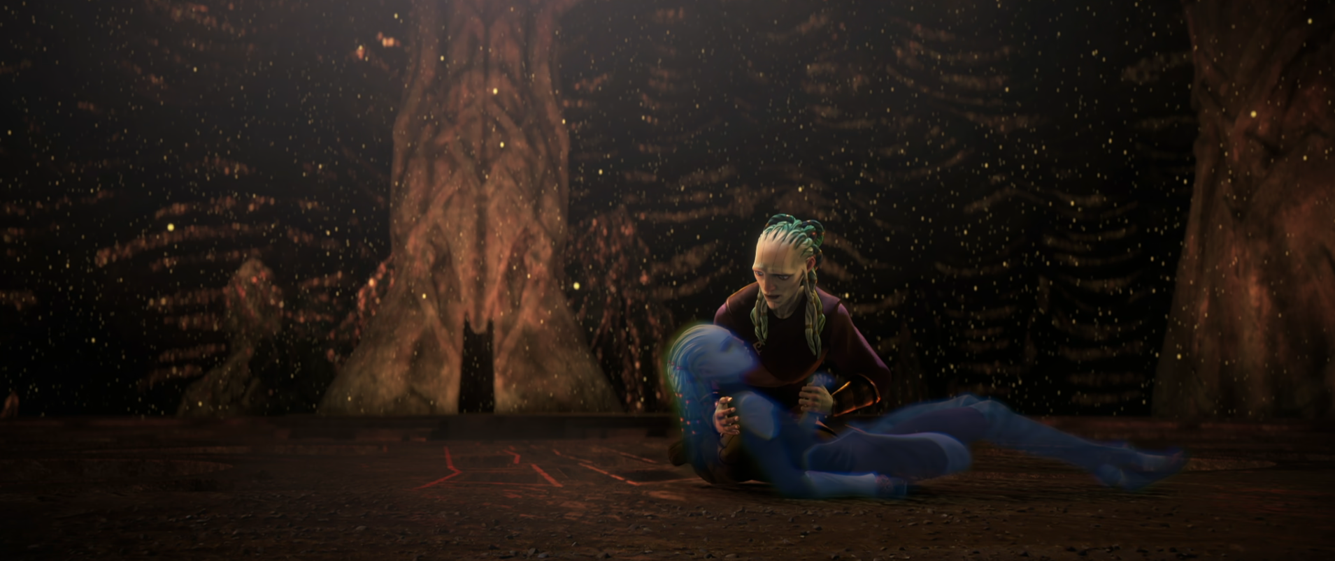 A young Ilthuran holding Gwyn, who is injured and semi-transparent because of a time paradox
