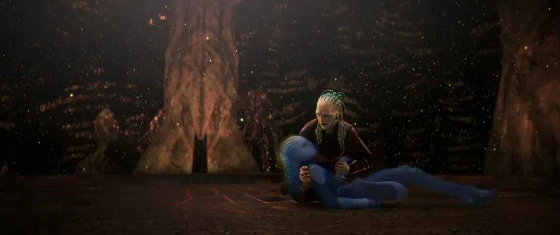 A young Ilthuran holding Gwyn, who is injured and semi-transparent because of a time paradox