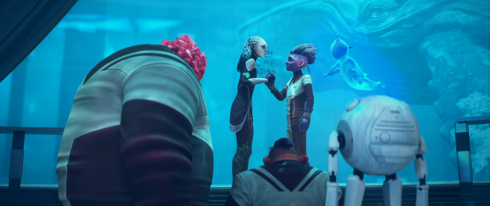 Gwyn, Dal, Rok, Jankom, and Zero discuss their next move while Murf swims with a whale in Cetacean Ops