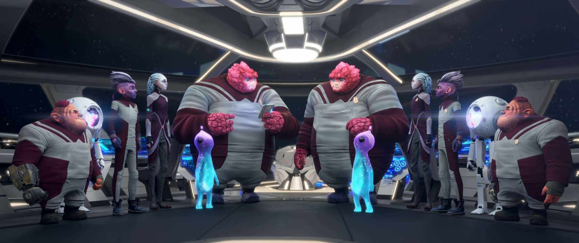 Dal and the gang looking at holographic versions of themselves