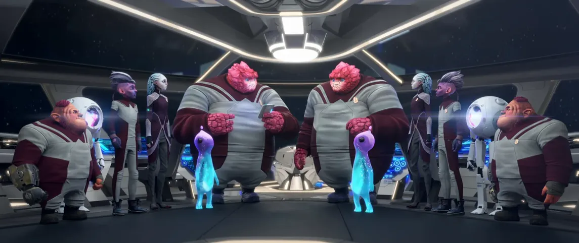 Dal and the gang looking at holographic versions of themselves