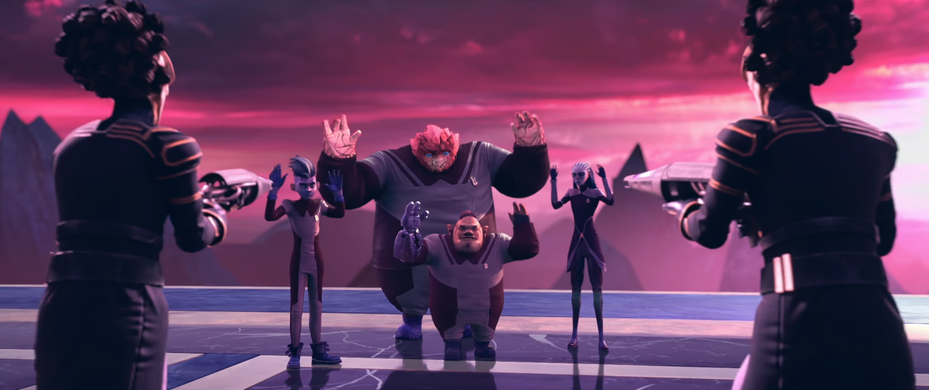 Dal, Gwyn, Rok, and Jankom being held at gunpoint by two Kazon