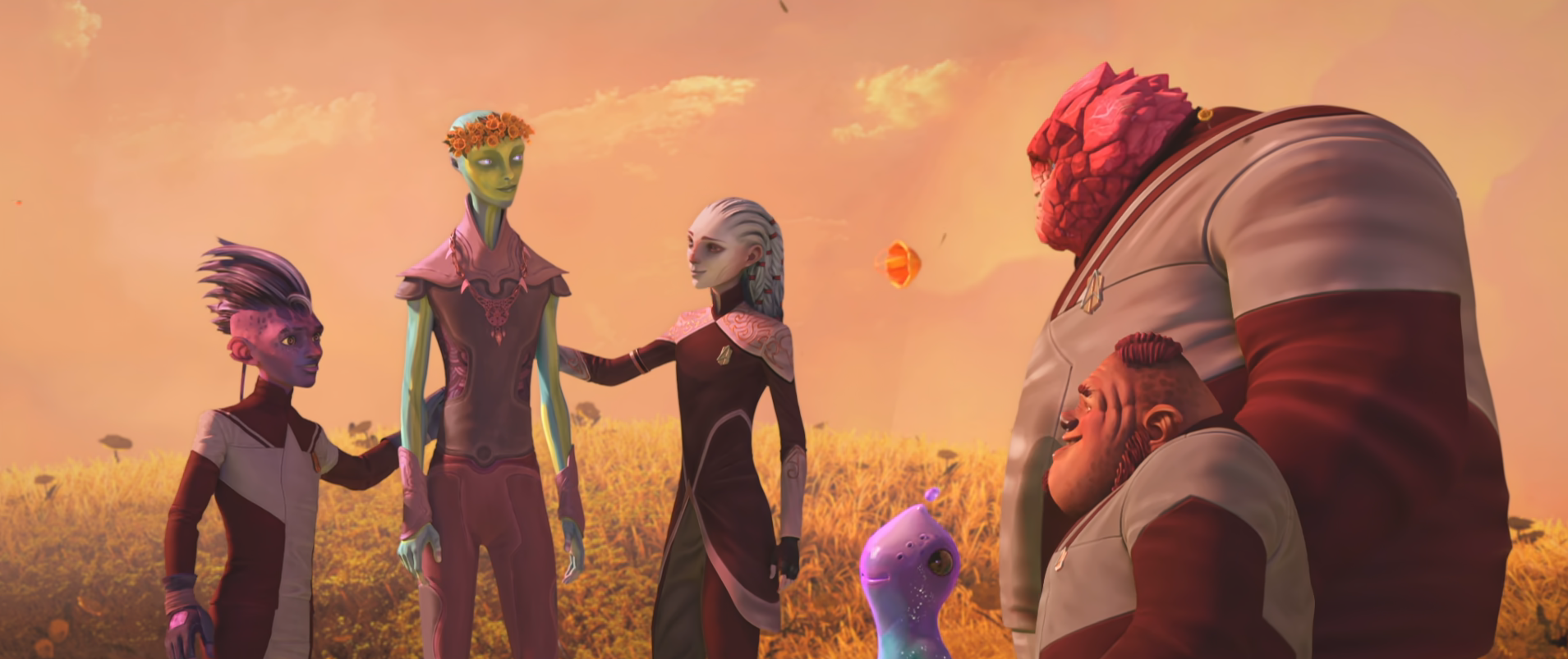 Dal and the gang, including Zero with his new body, smiling on a sunny planet
