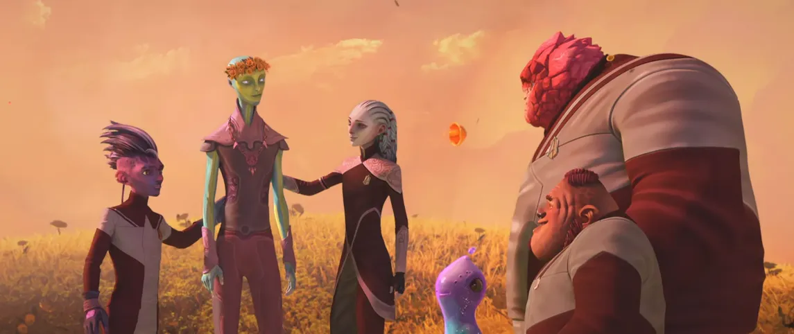 Dal and the gang, including Zero with his new body, smiling on a sunny planet