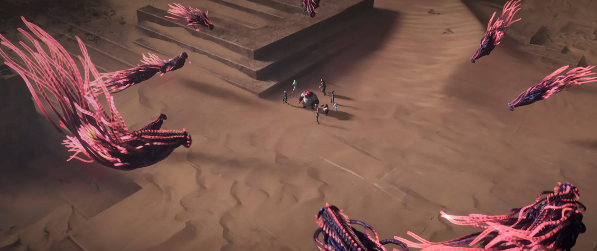 Numerous Loom creatures circling menacingly around Dal and his crew