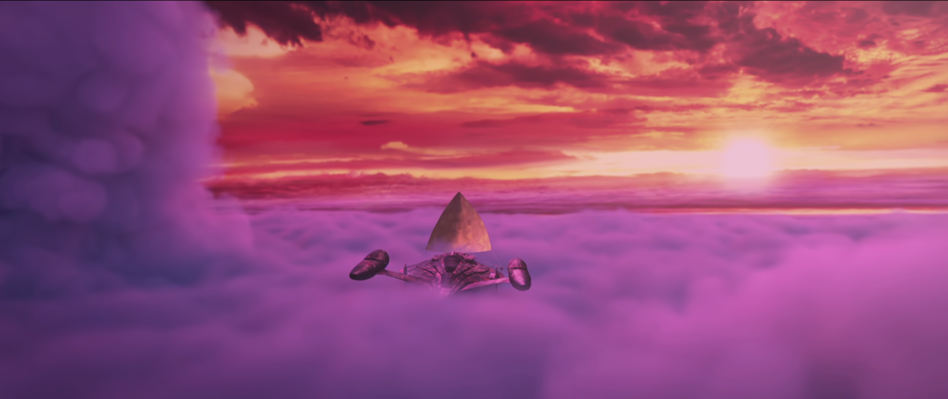 The USS Protostar, with a large sail on it, coasting through the clouds toward the sunset