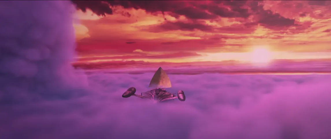 The USS Protostar, with a large sail on it, coasting through the clouds toward the sunset