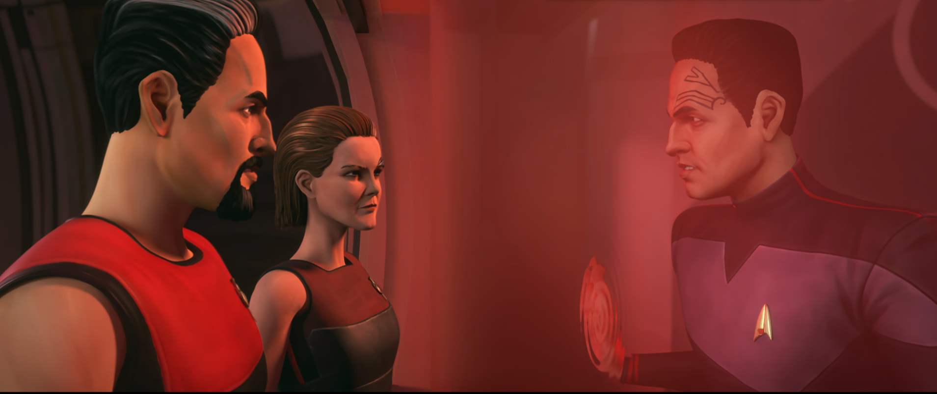 Chakotay confronting Mirror-Universe counterparts of Janeway and himself