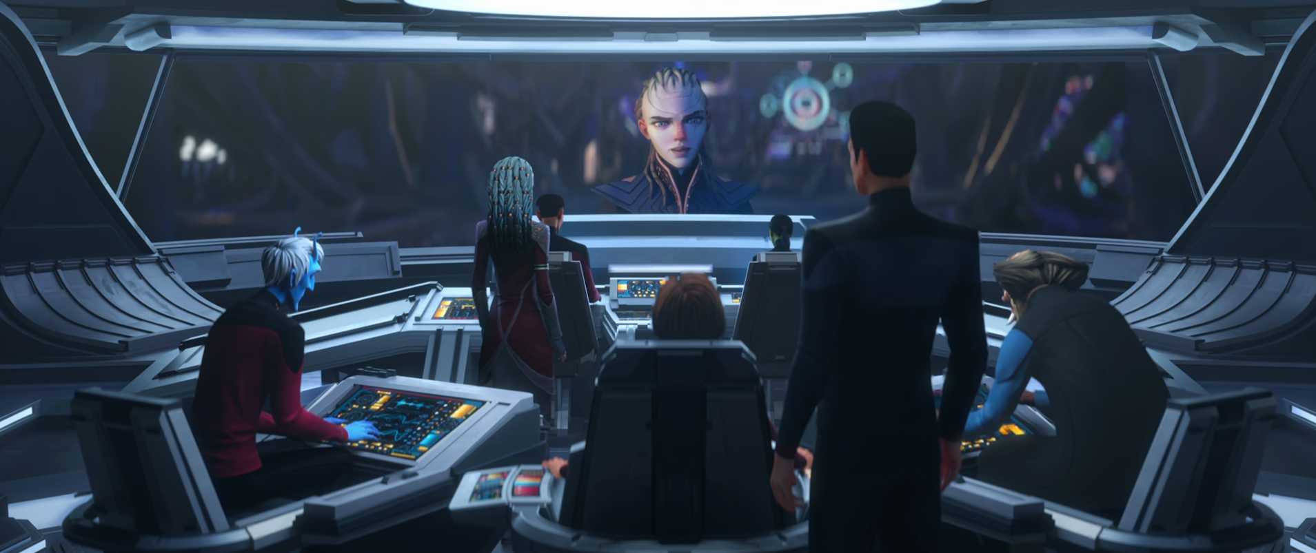Asencia speaking to the bridge crew on Voyager