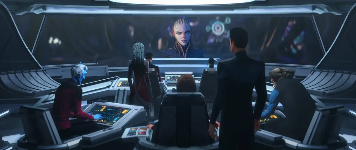 Asencia speaking to the bridge crew on Voyager