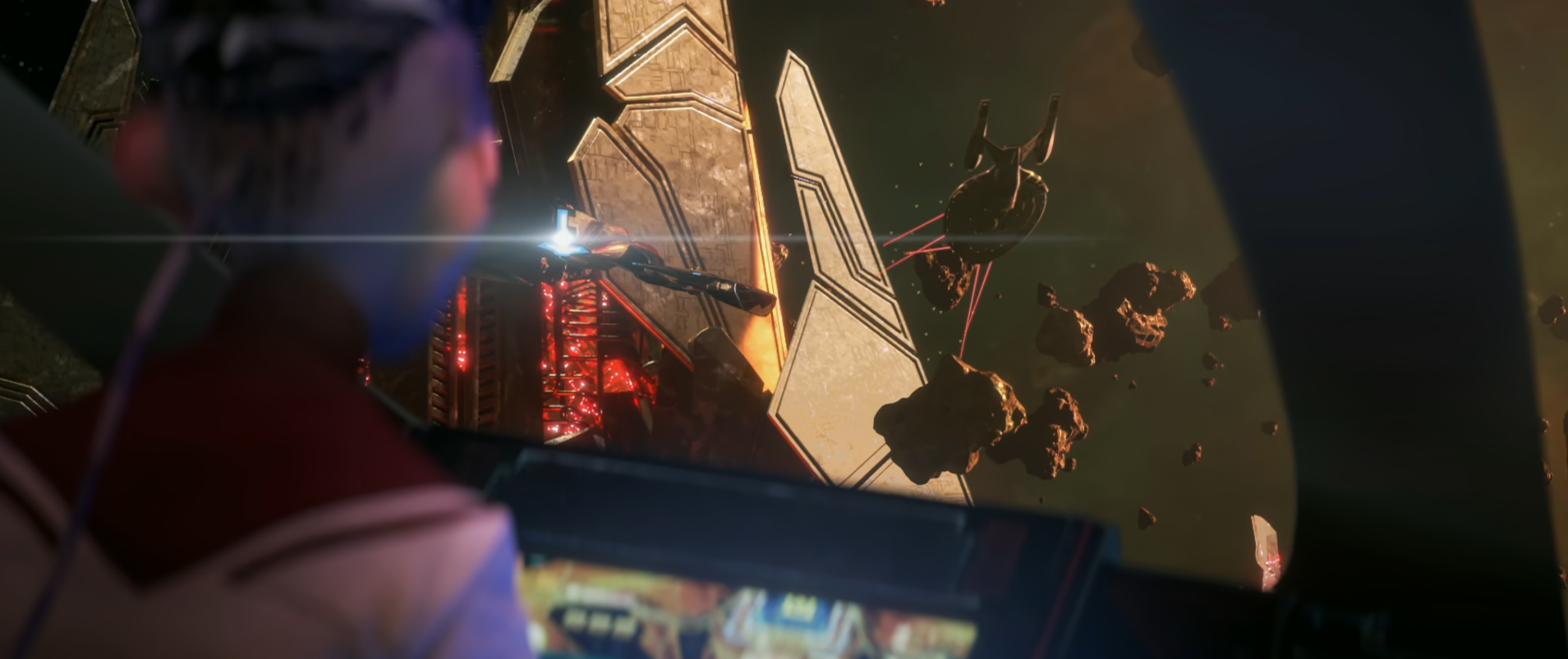 Dal, in a cockpit, watching Voyager fight off Asencia's drones