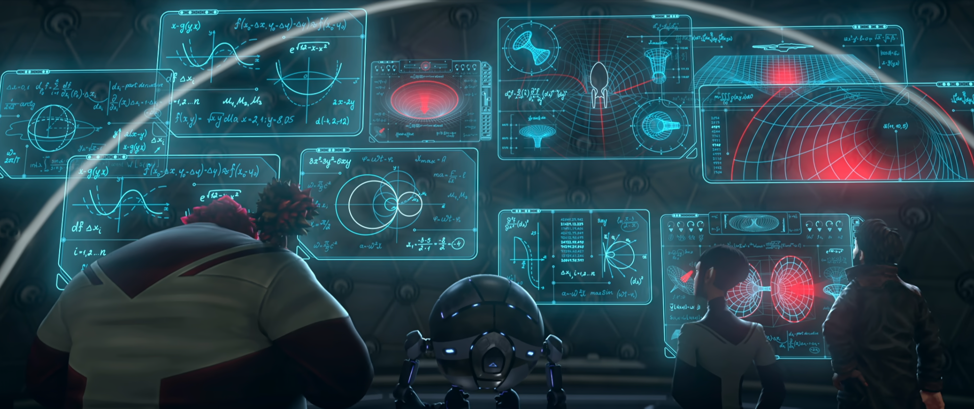 Rok, Zero, Maj'el, and Wesley analyzing diagrams depicting the time fractures