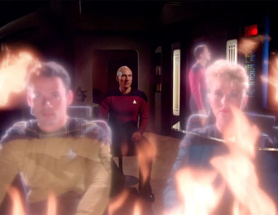 Picard witnessing hallucinations of his former crew