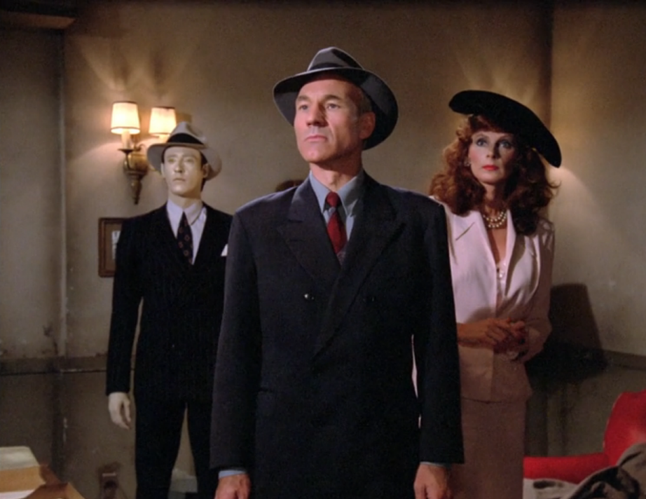 Data, Picard, and Dr. Crusher wearing 1940s clothing on the holodeck