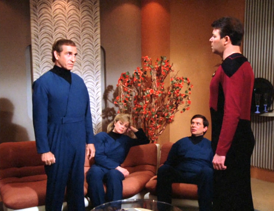 Riker addressing the three people who were unfrozen from their cryogenic tubes