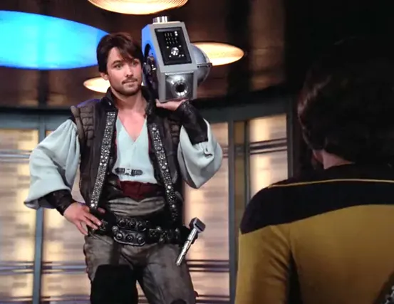 Worf welcoming Okona to the Enterprise