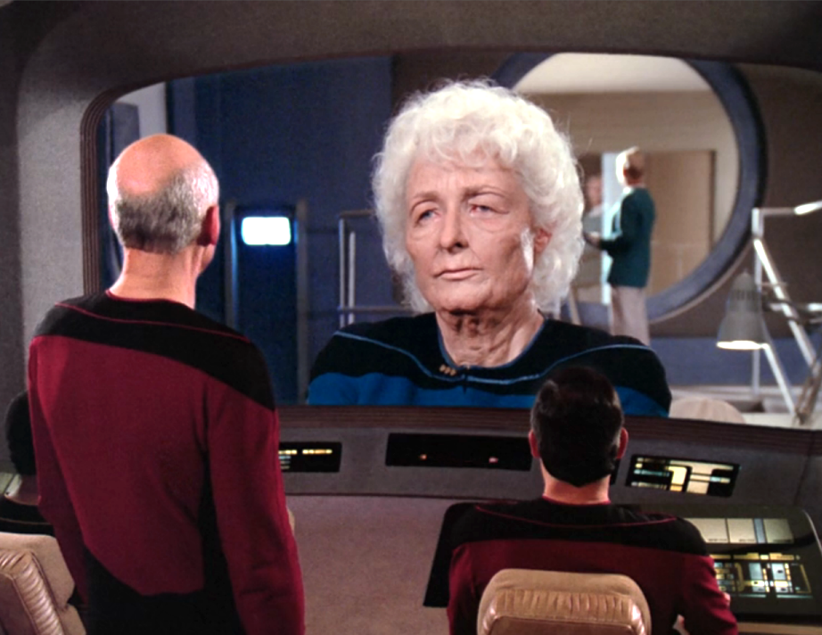 An aged Pulaski speaking to Picard over the viewscreen