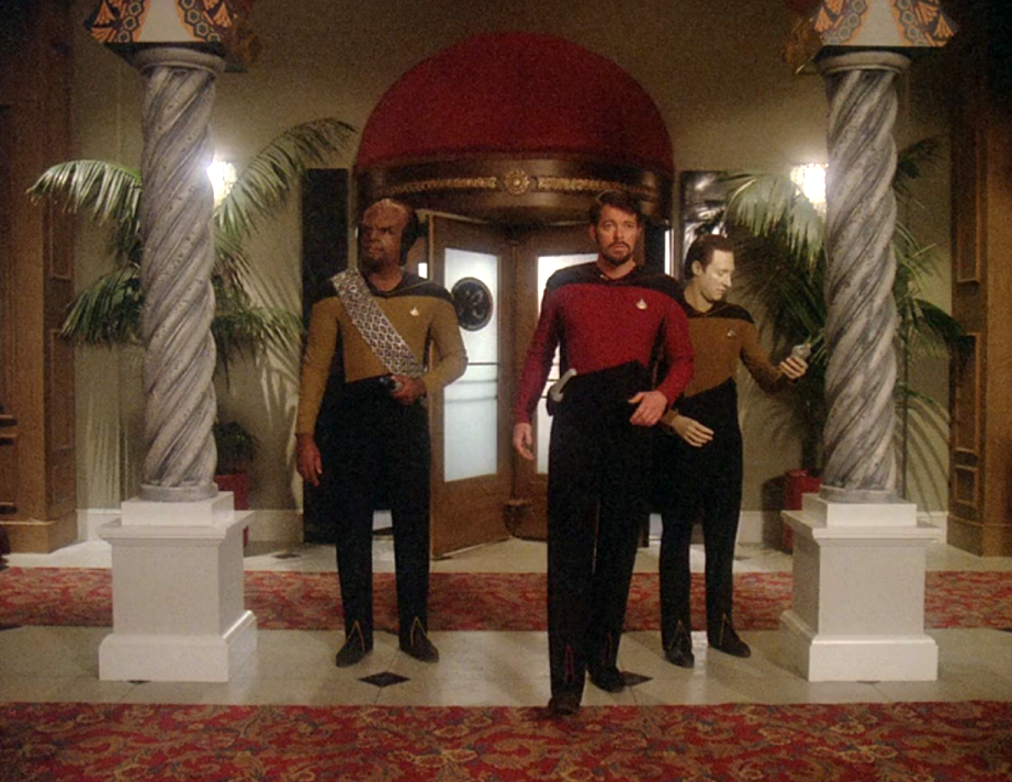 Riker, Data, and Worf entering a hotel/casino
