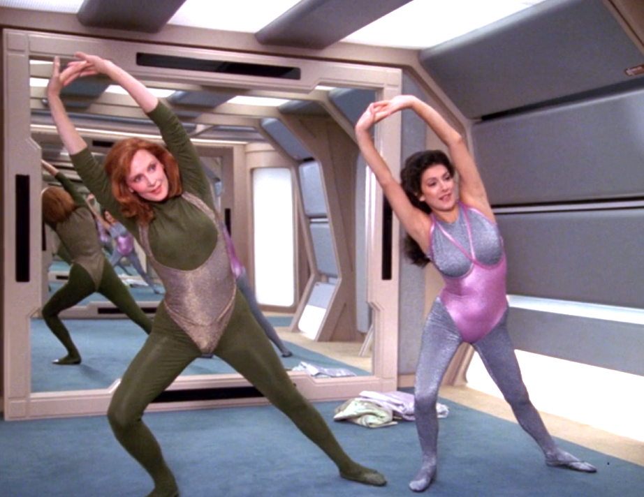 Dr. Crusher and Deanna Troi doing calisthenics