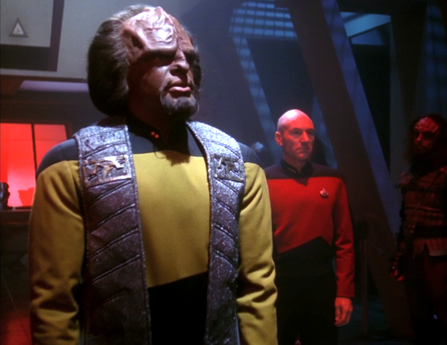 Worf and Picard addressing the Klingon High Council