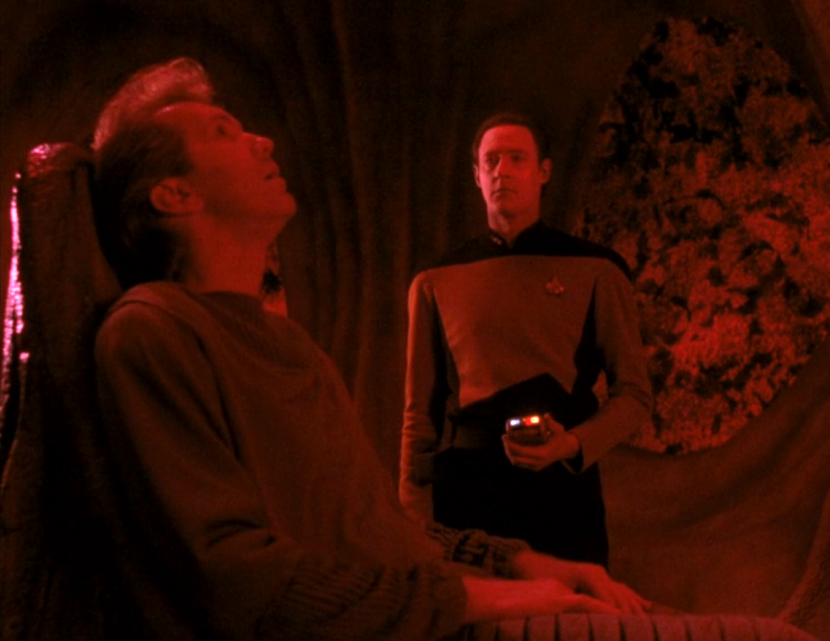 Data and Tam Elbrun investigating the interior of the unknown ship