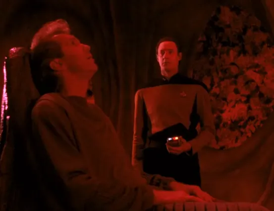 Data and Tam Elbrun investigating the interior of the unknown ship