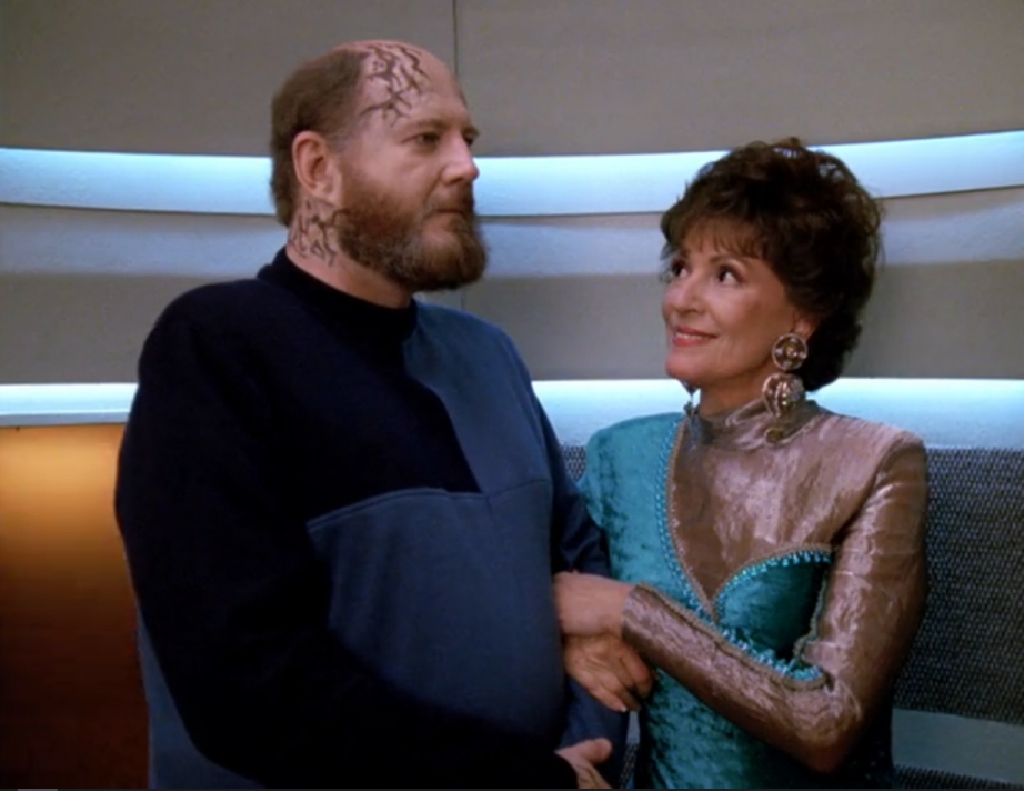 Lwaxana flirting with Timicin in the turbolift