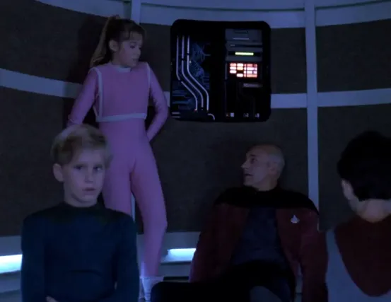 Picard and three children in a disabled turbolift