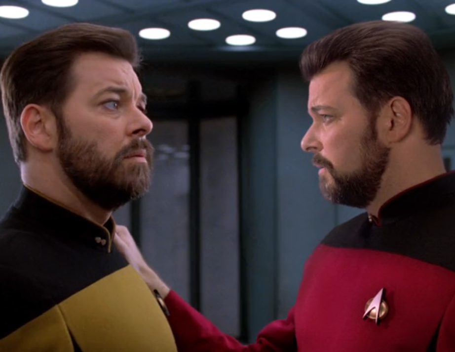 Will Riker confronting a double of himself who is wearing a gold uniform