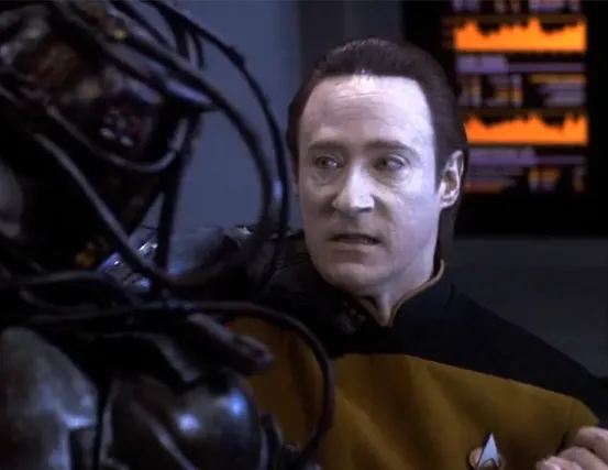 Data getting angry as he fights hand-to-hand with a Borg drone