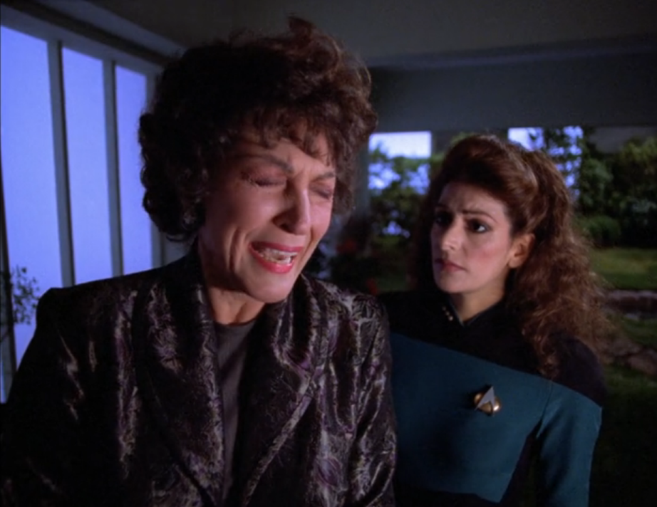 Deanna Troi comforting her crying mother