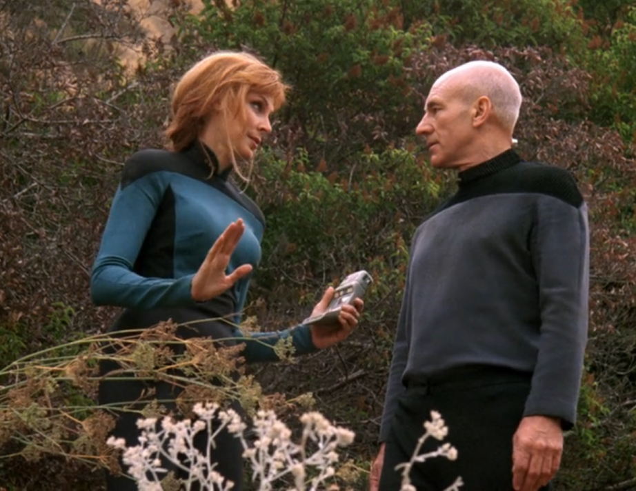 Dr. Crusher and Picard in the wilderness