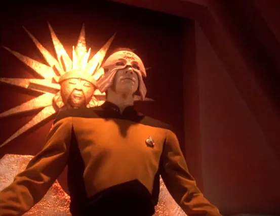 Data wearing a mask and sitting on a throne