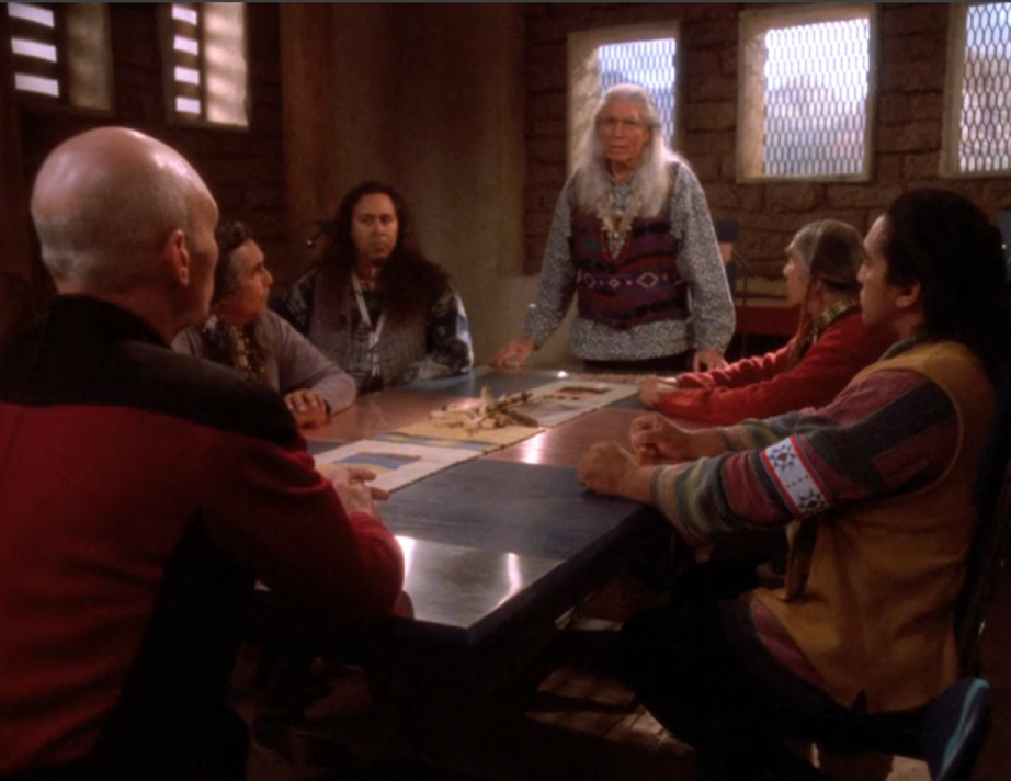 Picard addressing the leaders of an American Indian colony