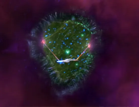Voyager firing two energy beams, one fore and one aft, at the edges of a giant space sphincter