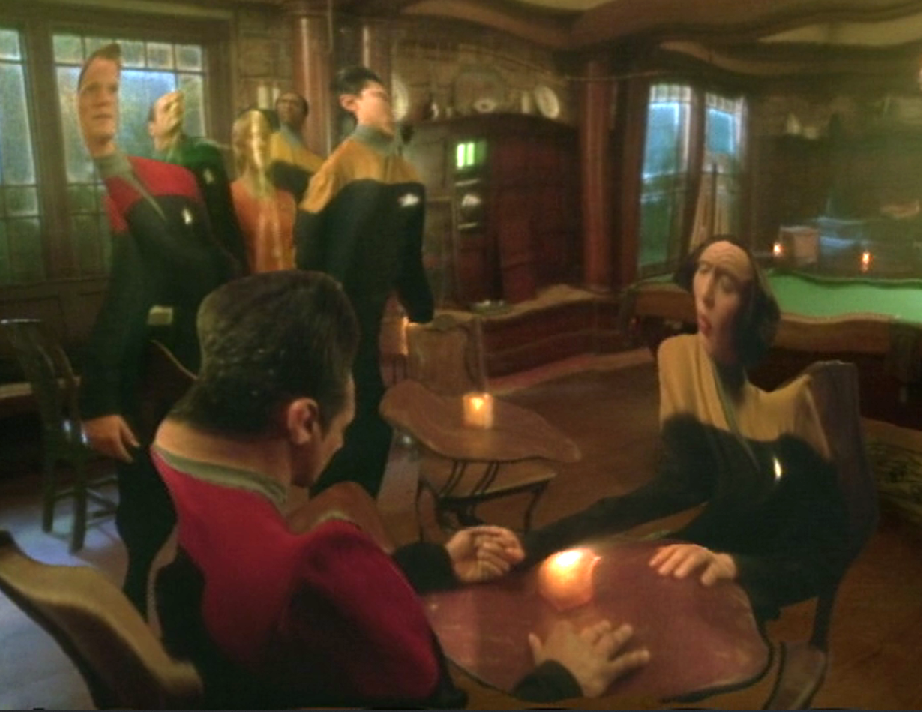 Several members of the Voyager crew at Sandrine's but they appear to be stretched and distorted