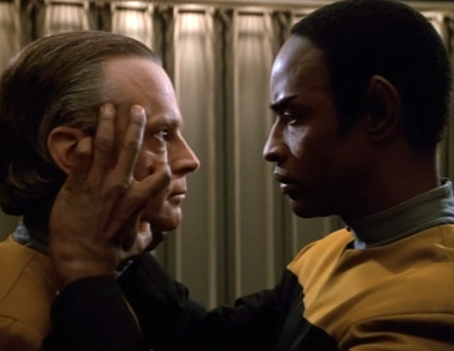 Tuvok performing a mind meld with Laan Suder