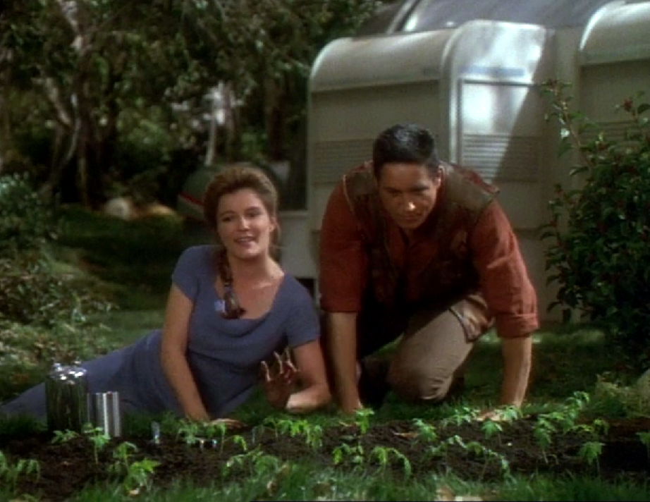 Janeway and Chakotay, in casual clothing, tending to a small garden on a green planet's surface
