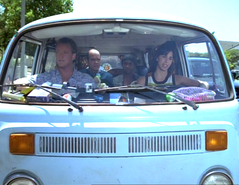 Paris, the Doctor, Tuvok, and a young woman in an old Volkswagen van