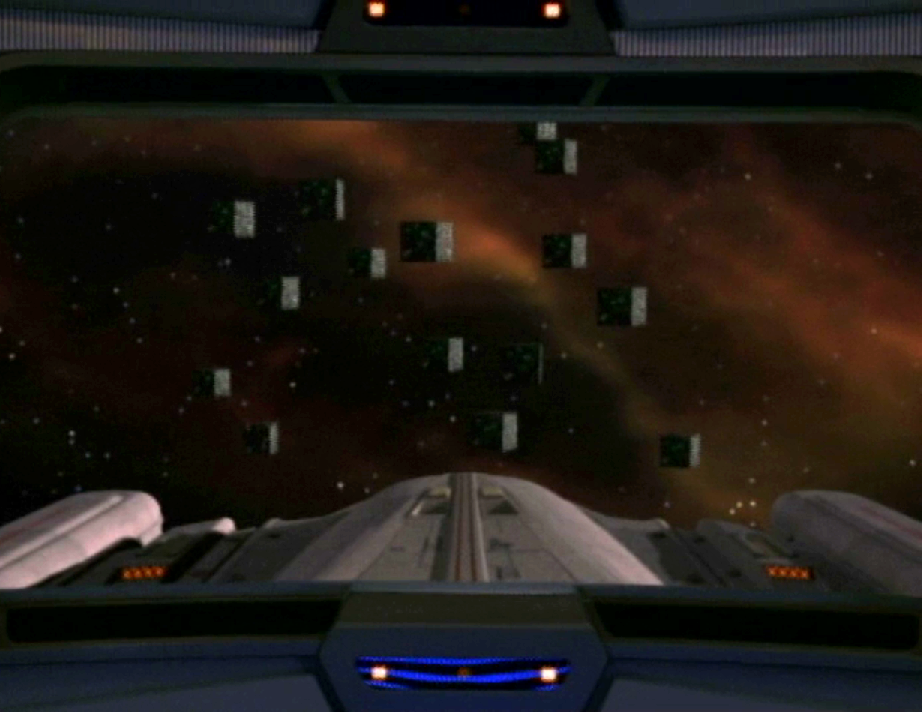 Voyager's viewscreen showing an aft view of the ship, showing at least 15 Borg cubes in pursuit