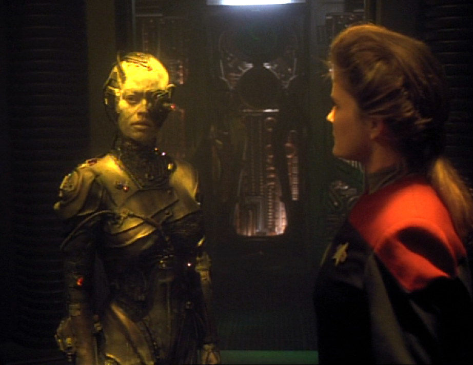 Janeway and a female Borg having a conversation
